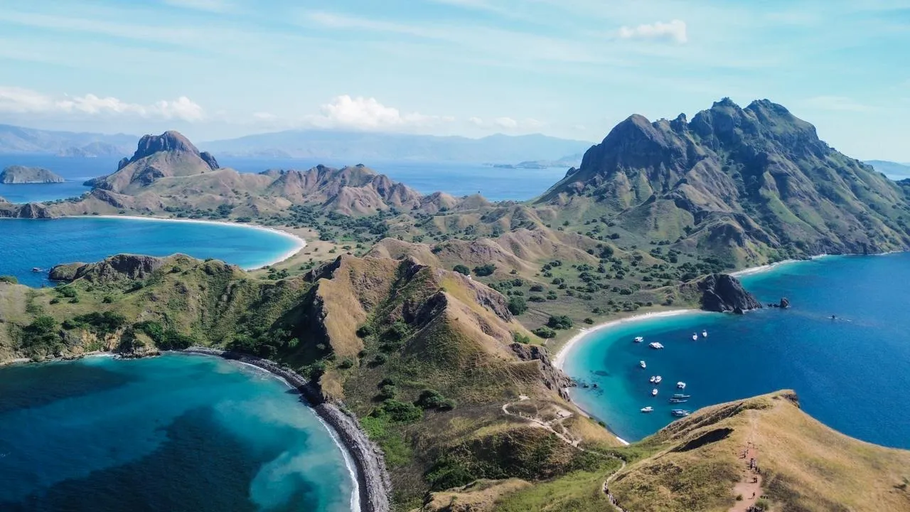 Aerial view of Padar Island's three curved bays in Komodo National Park
